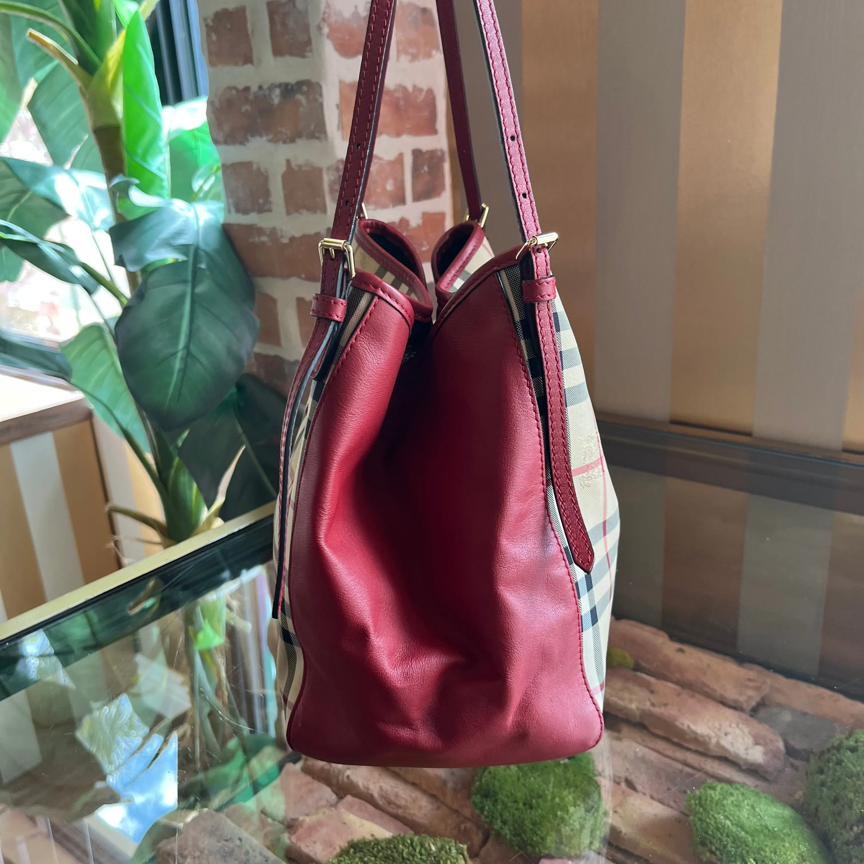 BURBERRY Horseferry Check Small Canterbury Honey Parade Red Tote