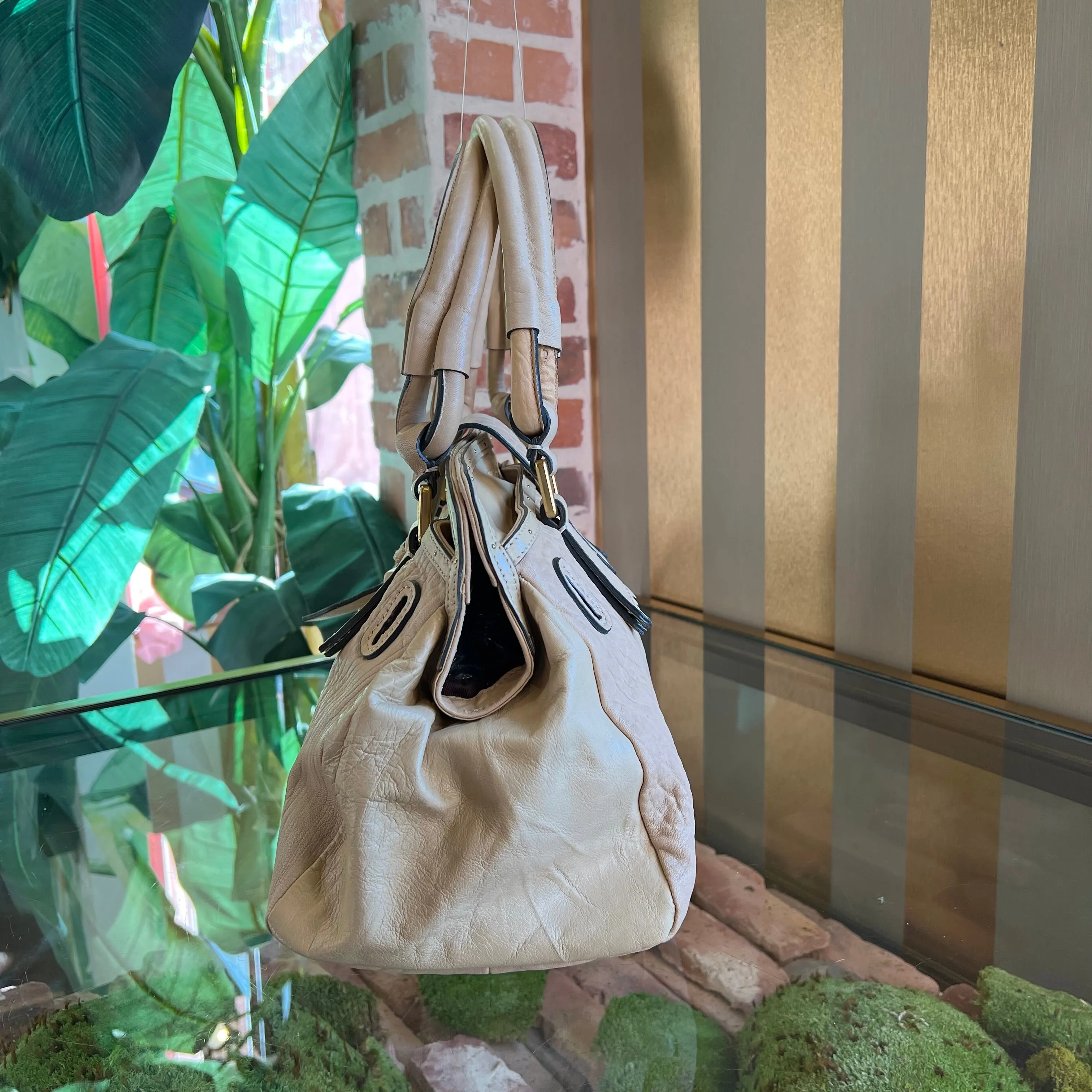 CHLOE Elvire Cream Bi Color Pebbled Leather Satchel Bag
