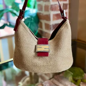 FENDI Zucca Raffia and Red Leather Baguette Shoulder Bag