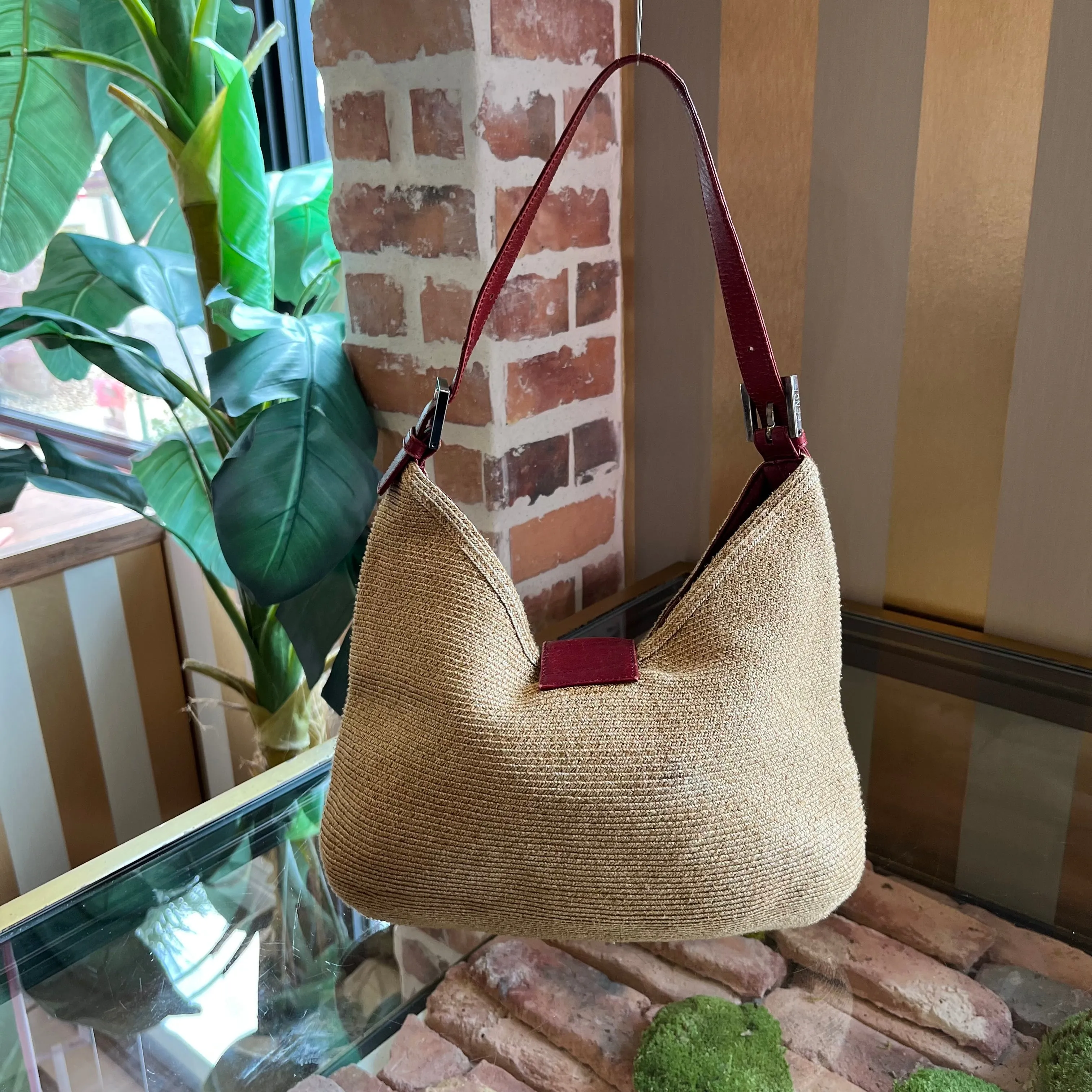 FENDI Zucca Raffia and Red Leather Baguette Shoulder Bag