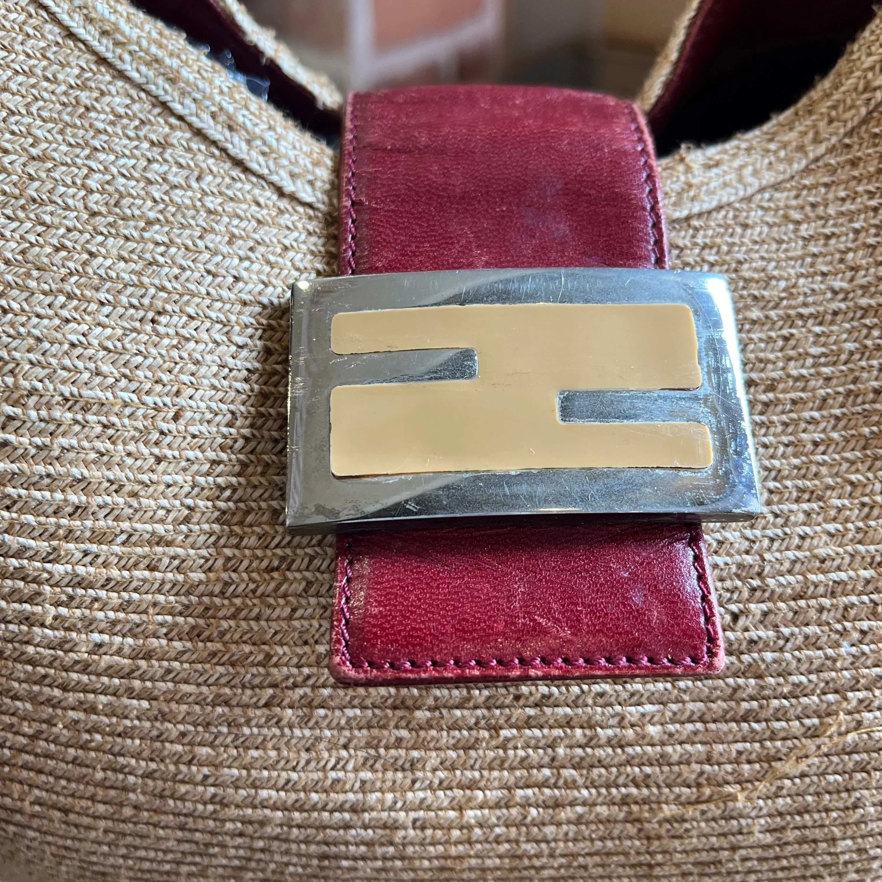 FENDI Zucca Raffia and Red Leather Baguette Shoulder Bag