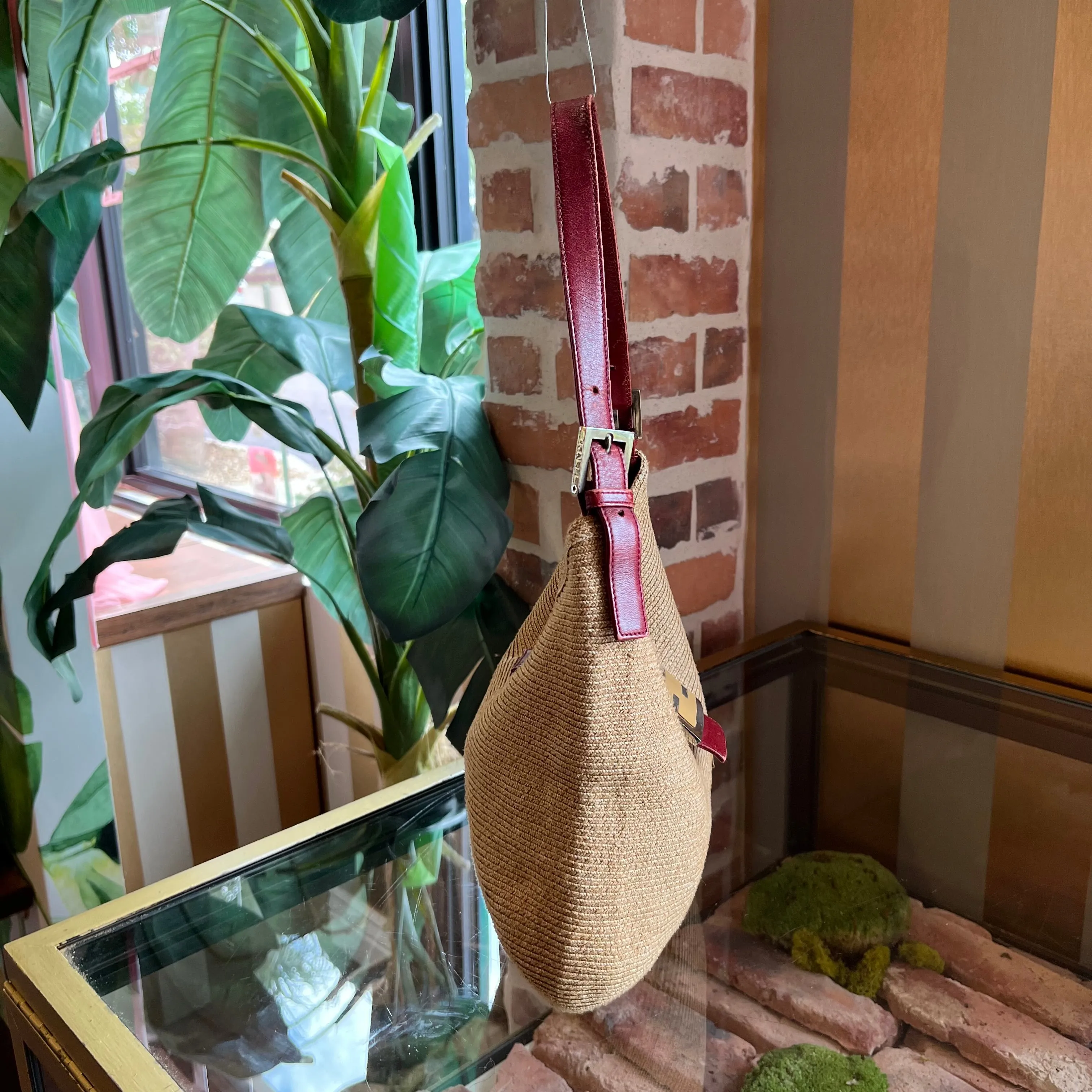 FENDI Zucca Raffia and Red Leather Baguette Shoulder Bag