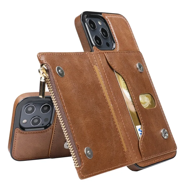 For iPhone 12 Zipper Wallet Bag PU Back Cover Shockrpoof Phone Case with Holder  Card Slots