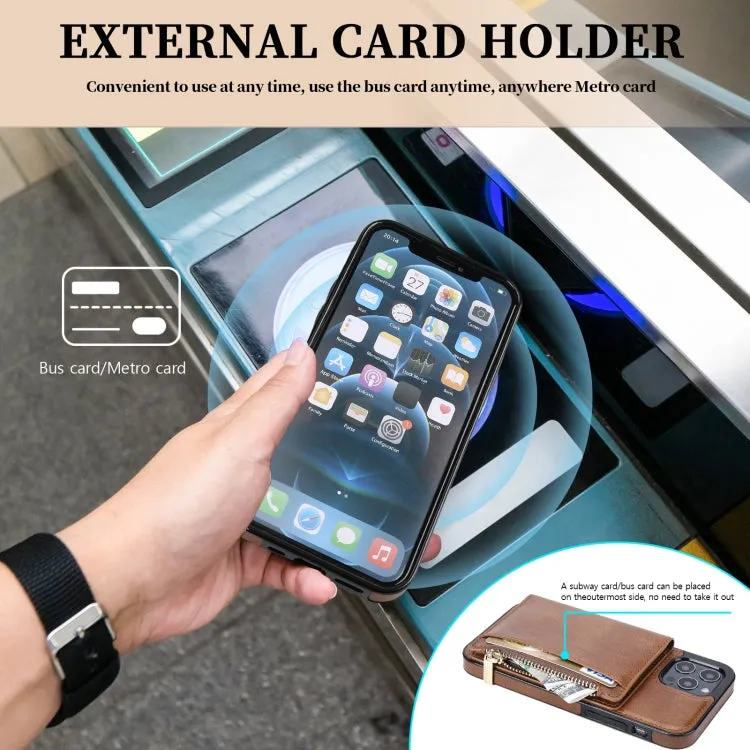 For iPhone 12 Zipper Wallet Bag PU Back Cover Shockrpoof Phone Case with Holder  Card Slots