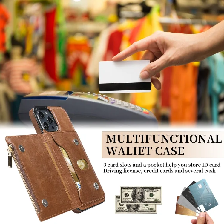 For iPhone 12 Zipper Wallet Bag PU Back Cover Shockrpoof Phone Case with Holder  Card Slots