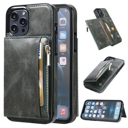 For iPhone 12 Zipper Wallet Bag PU Back Cover Shockrpoof Phone Case with Holder  Card Slots