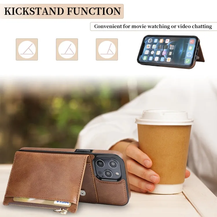 For iPhone 12 Zipper Wallet Bag PU Back Cover Shockrpoof Phone Case with Holder  Card Slots