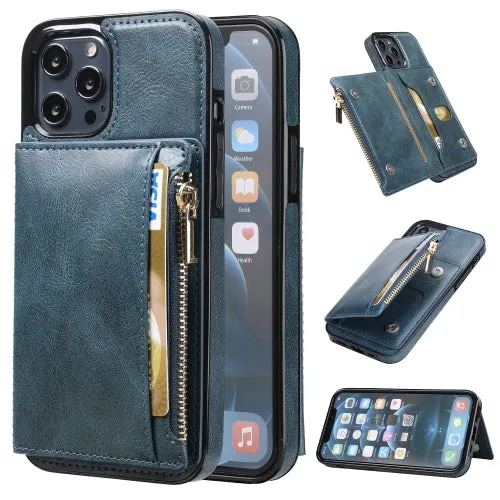 For iPhone 12 Zipper Wallet Bag PU Back Cover Shockrpoof Phone Case with Holder  Card Slots