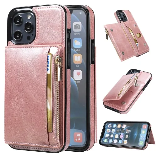 For iPhone 12 Zipper Wallet Bag PU Back Cover Shockrpoof Phone Case with Holder  Card Slots