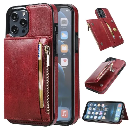 For iPhone 12 Zipper Wallet Bag PU Back Cover Shockrpoof Phone Case with Holder  Card Slots