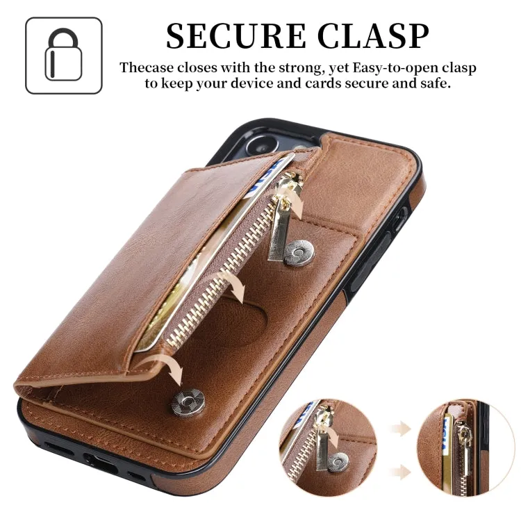 For iPhone 12 Zipper Wallet Bag PU Back Cover Shockrpoof Phone Case with Holder  Card Slots