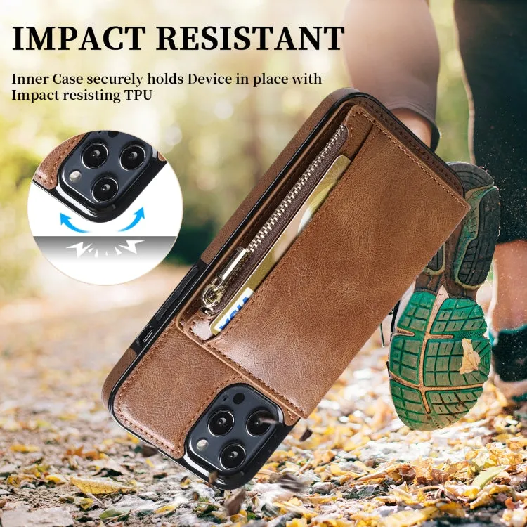 For iPhone 12 Zipper Wallet Bag PU Back Cover Shockrpoof Phone Case with Holder  Card Slots