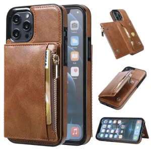 For iPhone 12 Zipper Wallet Bag PU Back Cover Shockrpoof Phone Case with Holder  Card Slots