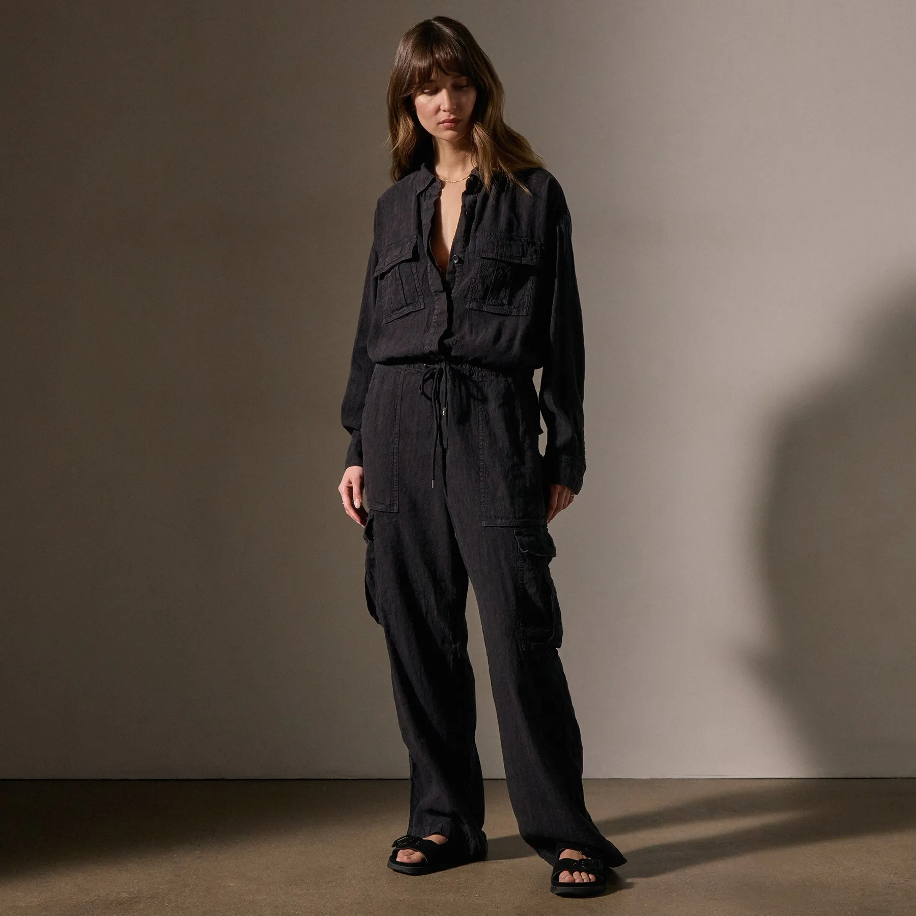 Linen Blend Cargo Jumpsuit - Black