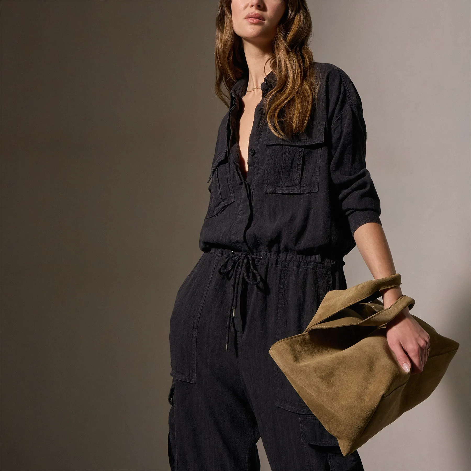 Linen Blend Cargo Jumpsuit - Black