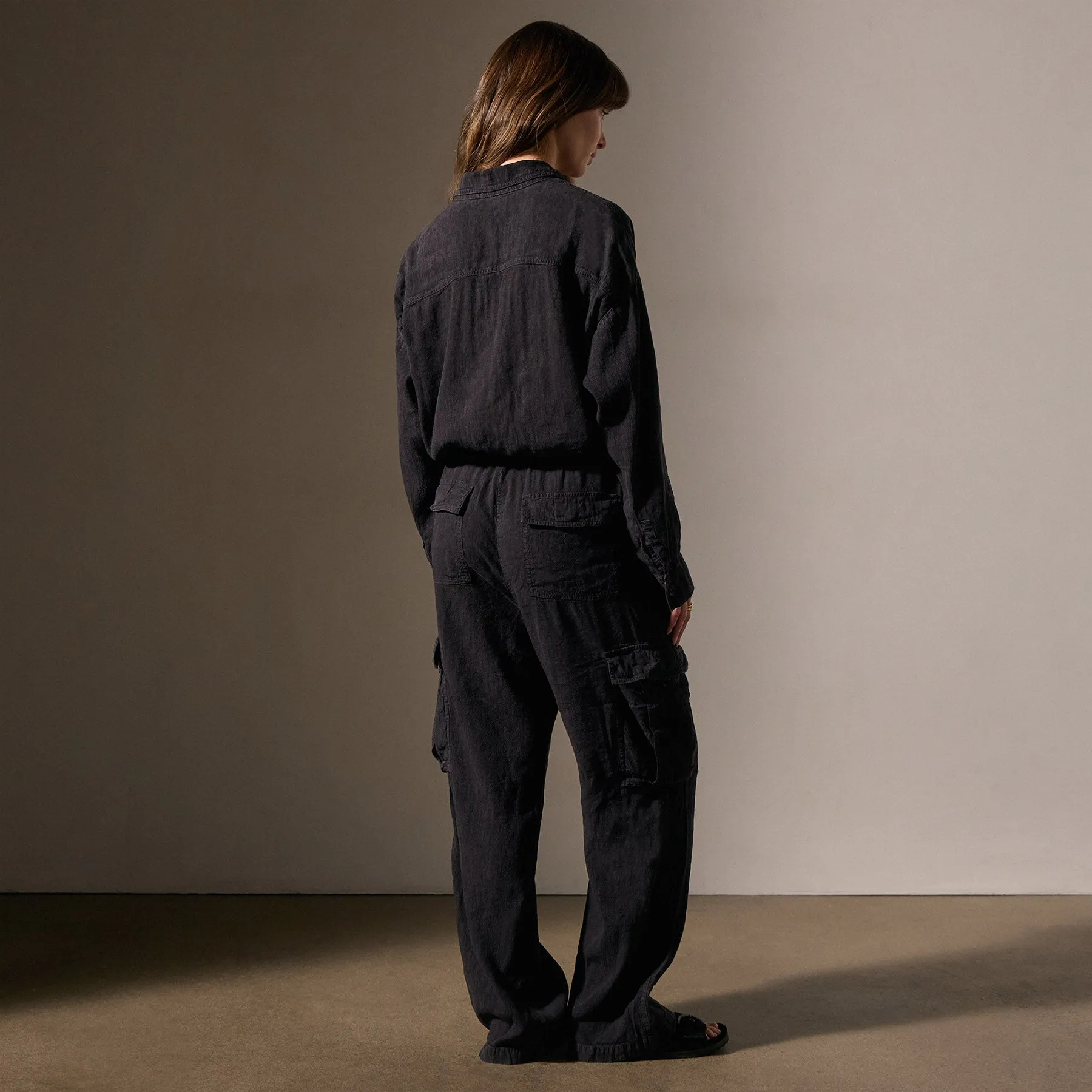 Linen Blend Cargo Jumpsuit - Black