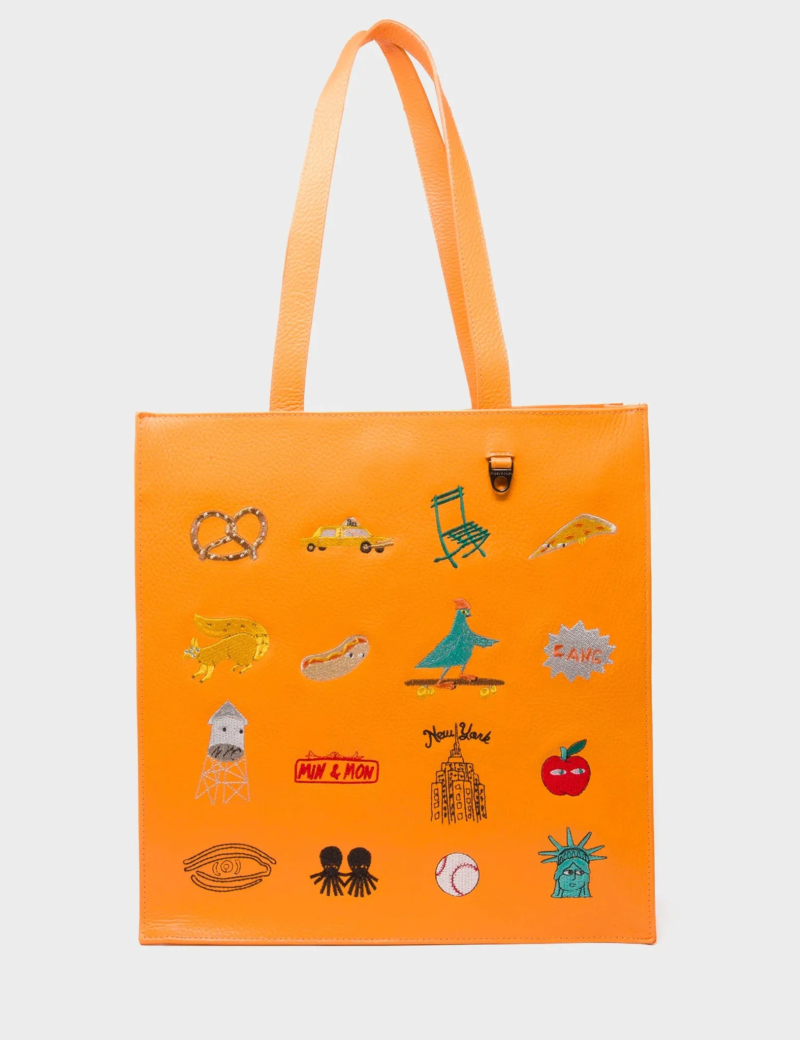 Marko Blazing Orange Leather Tote Bag - Eye Love New York Embroidery
