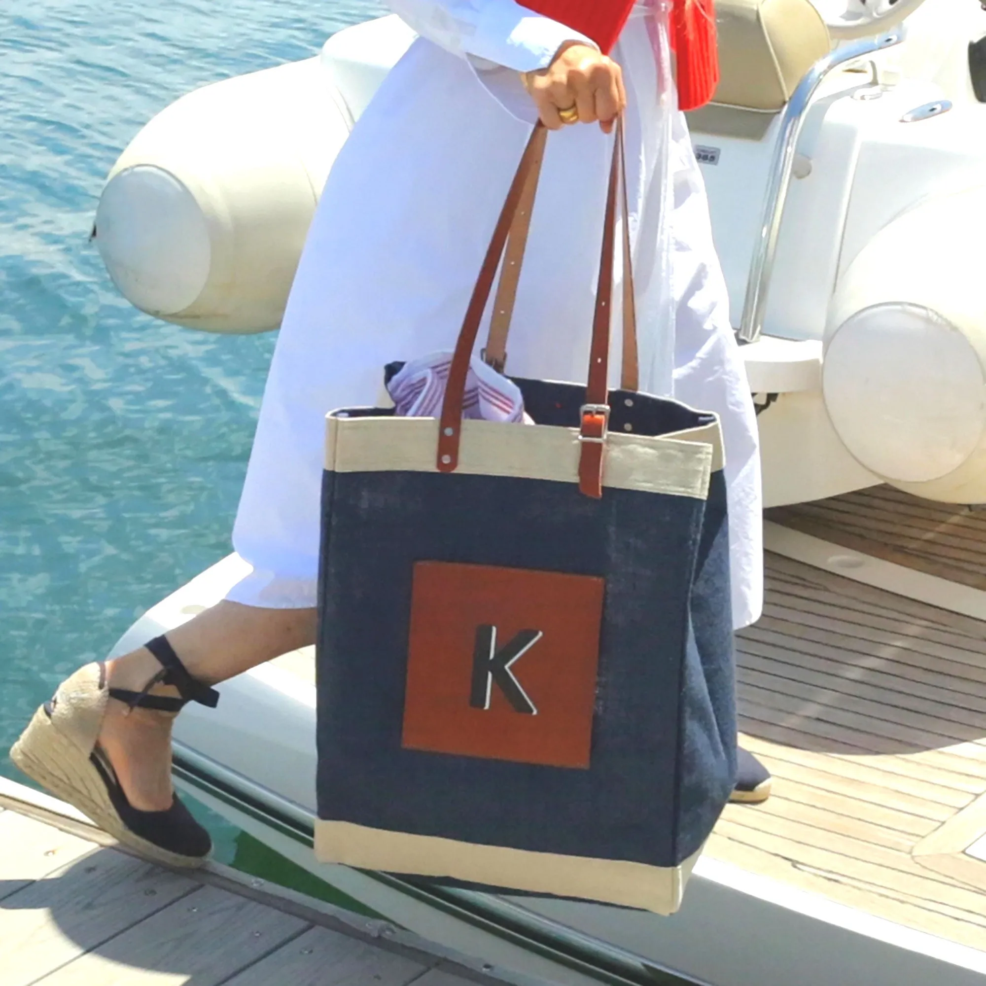 Petite Market Bag in Navy with Adjustable Handle Alphabet Collection