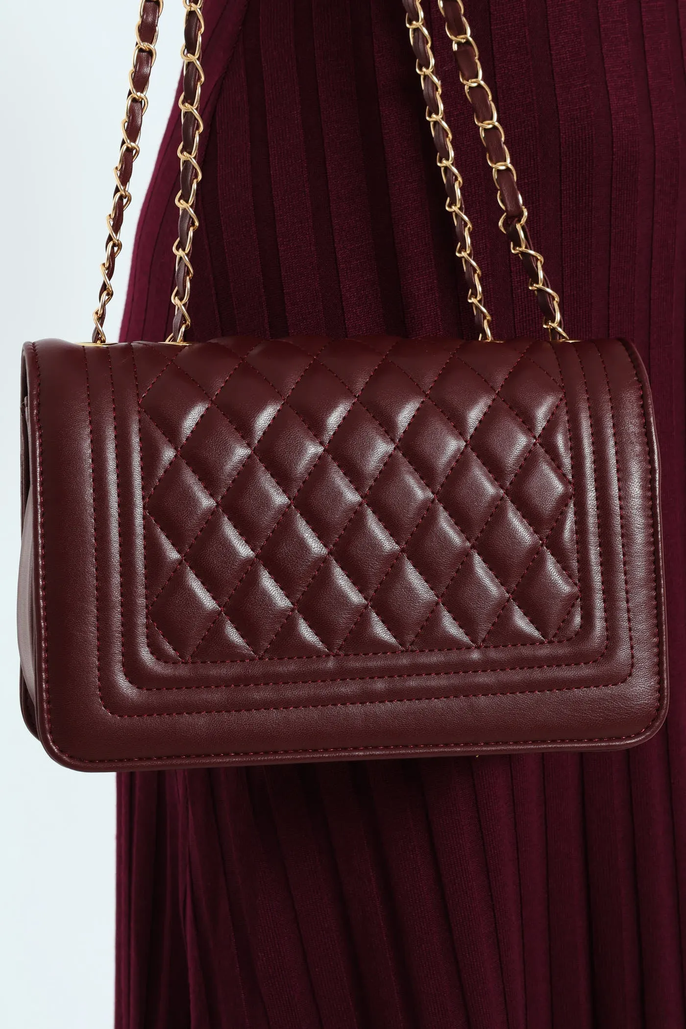 Quilted Chain Satchel - Wine