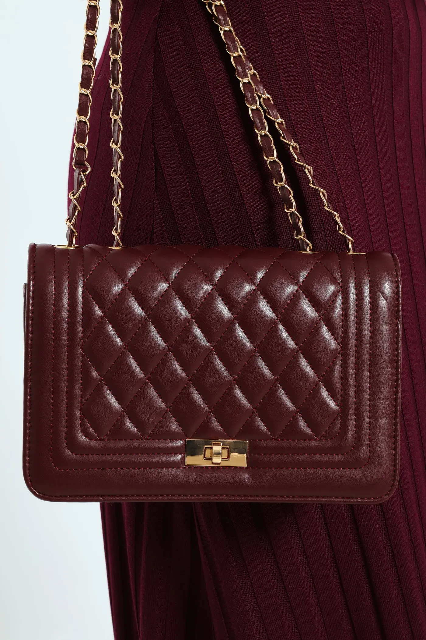 Quilted Chain Satchel - Wine