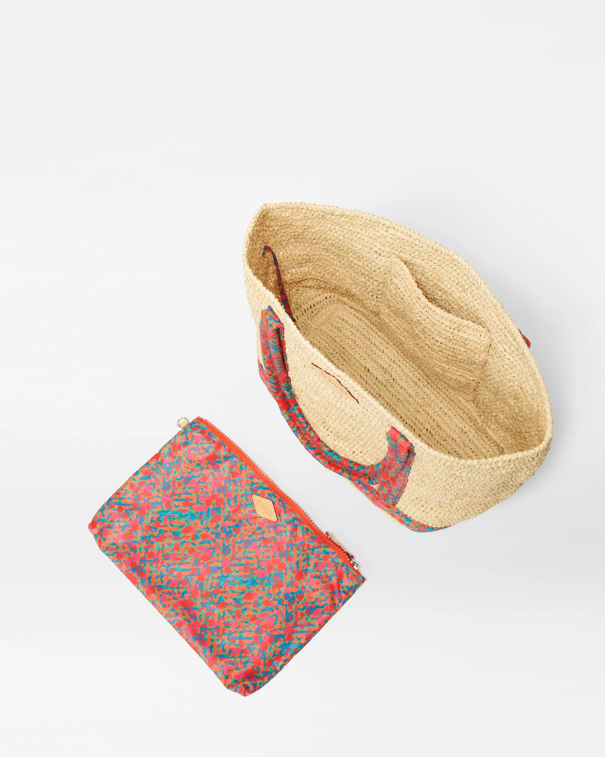 Raffia/Poppy Print Medium Raffia Tote