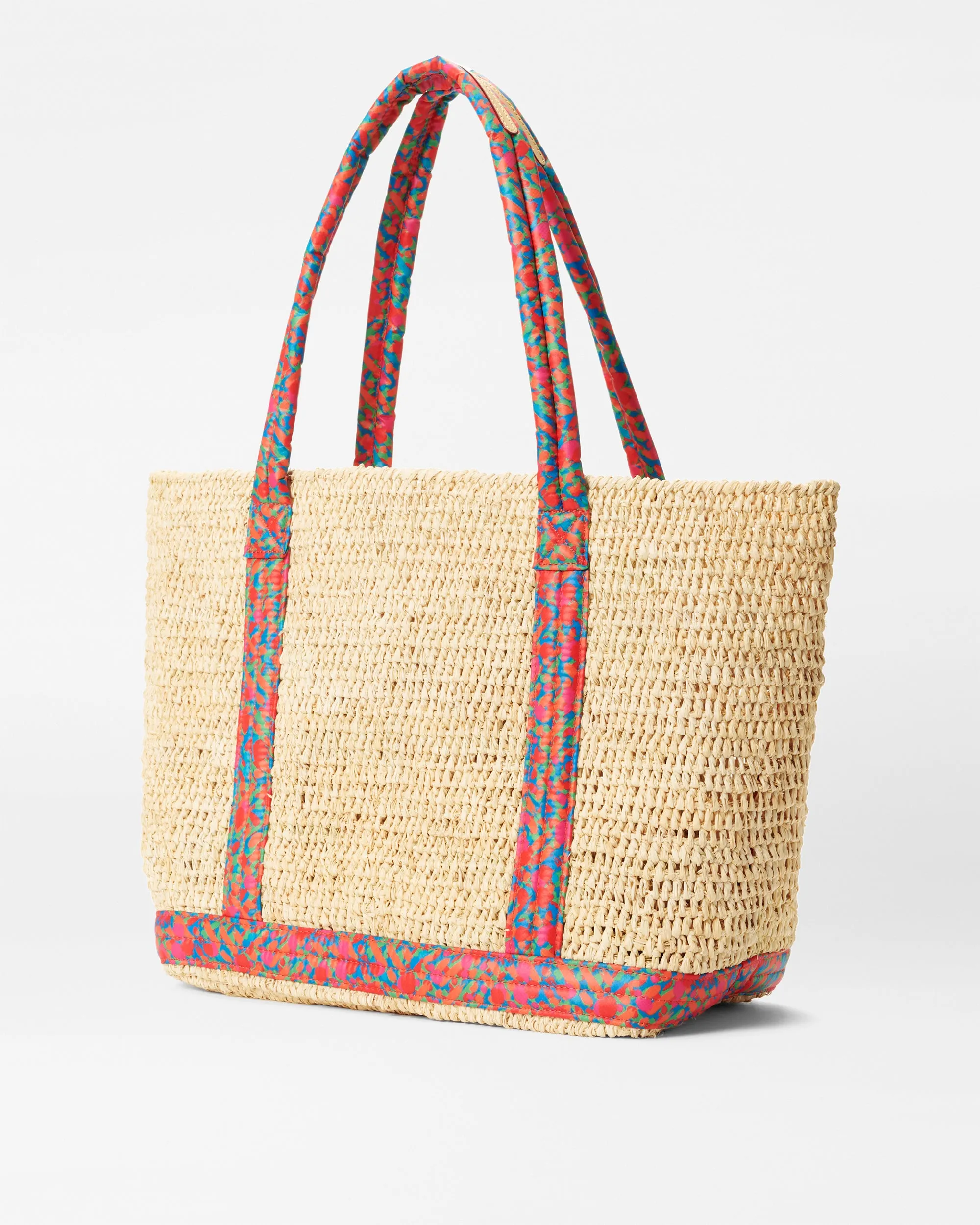 Raffia/Poppy Print Medium Raffia Tote