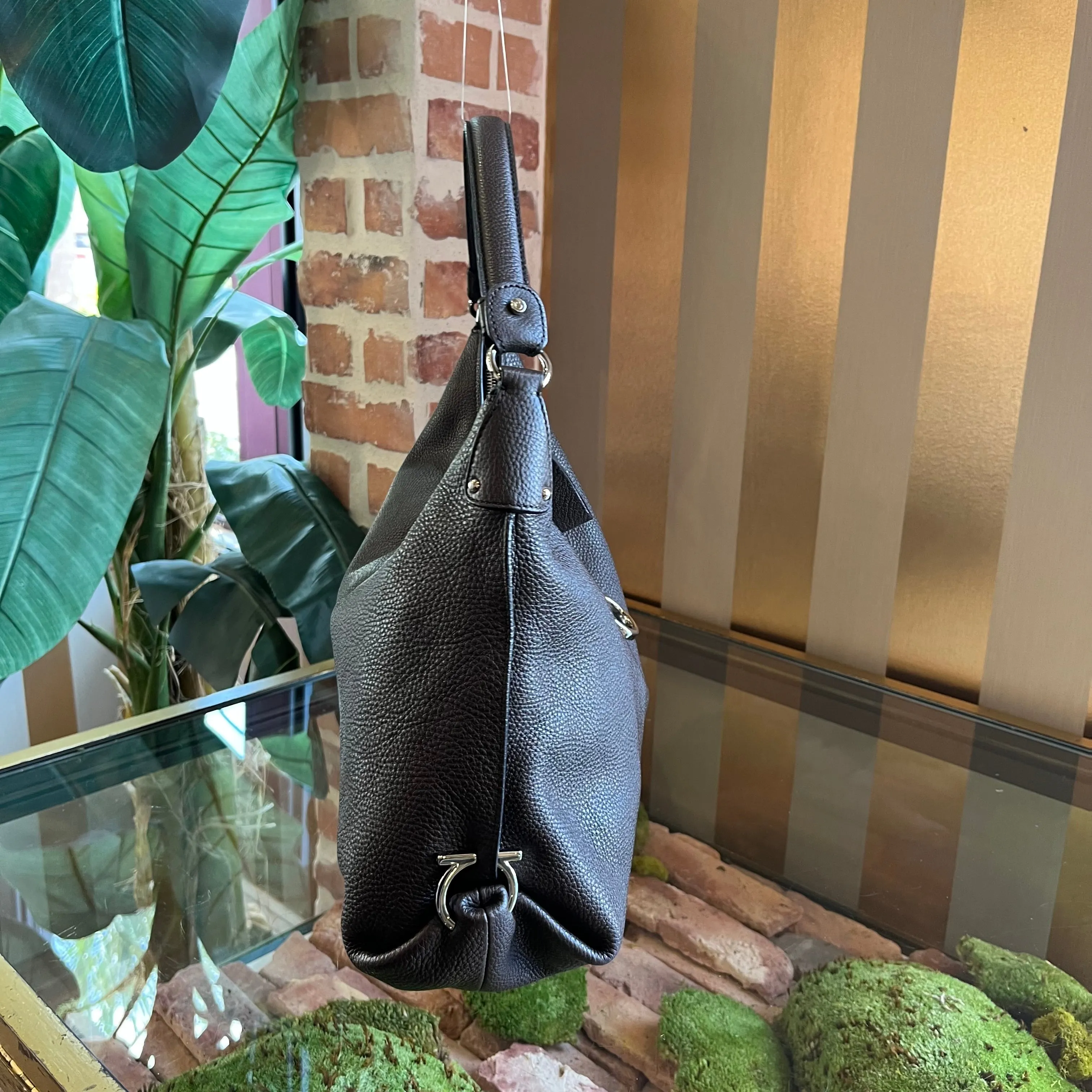 SALVATORE FERRAGAMO Fansia Large Brown Pebbled Calfskin Hobo Bag