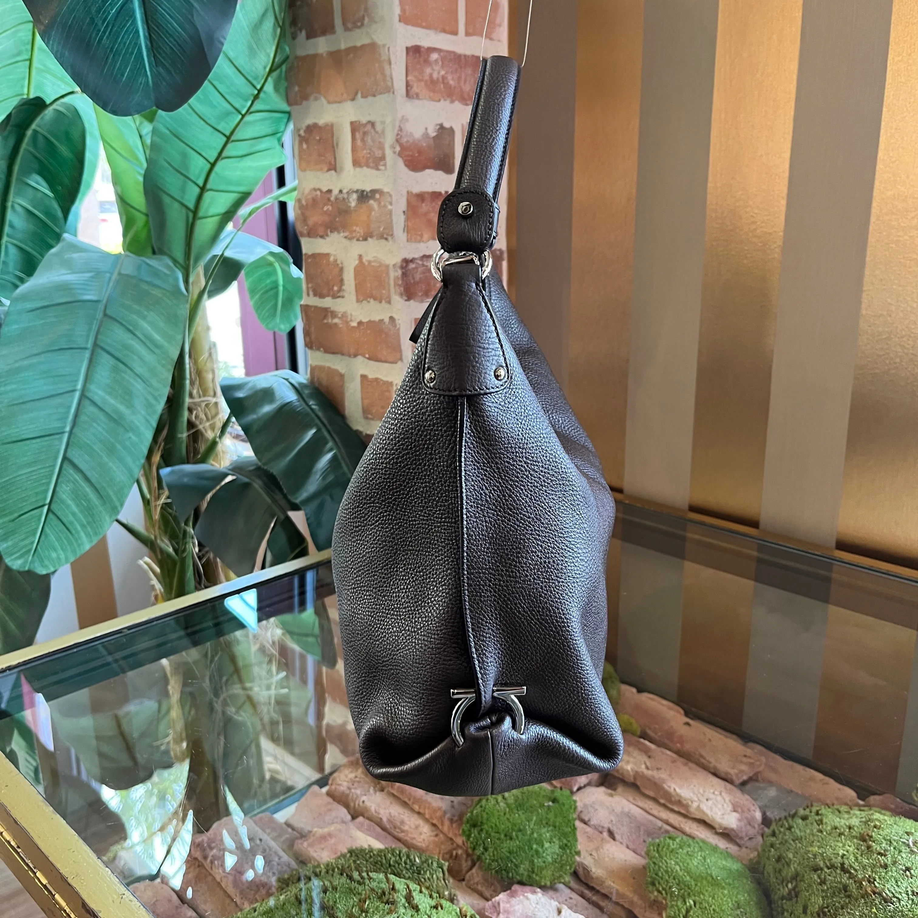 SALVATORE FERRAGAMO Fansia Large Brown Pebbled Calfskin Hobo Bag
